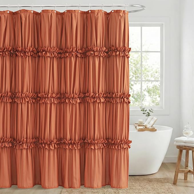 LIPA Boho Shower Curtain Rustic Ruffle Shower Curtain with Ruched & Bow Vintage Farmhouse Shower Curtains for Bathroom Bohemian Bathroom Decor(Orange,72x72 Inches)