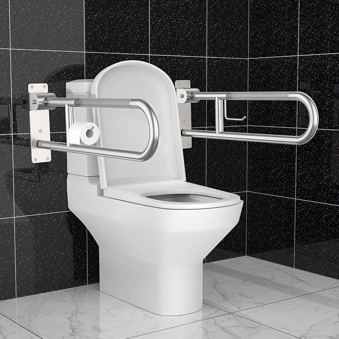 Toilet Grab Bar 30.3 Inch, Munzong Anti-Slip Handicap Grab Bars with Paper Holder, Flip-Up Bathroom Toilet Safety Rails, Stainless Steel Knurled Support handrails for Seniors Elderly Disabled Pregnant | Anti-Slip Bathroom Toilet Safety Rails Stainless ...