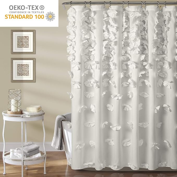 Lush Decor Riley Shower Curtain, 72" W x 72" L, White - Bathroom Curtain - Coquette Decor - Bow Shower Curtains - Cottage Core - Fabric Shower Curtains