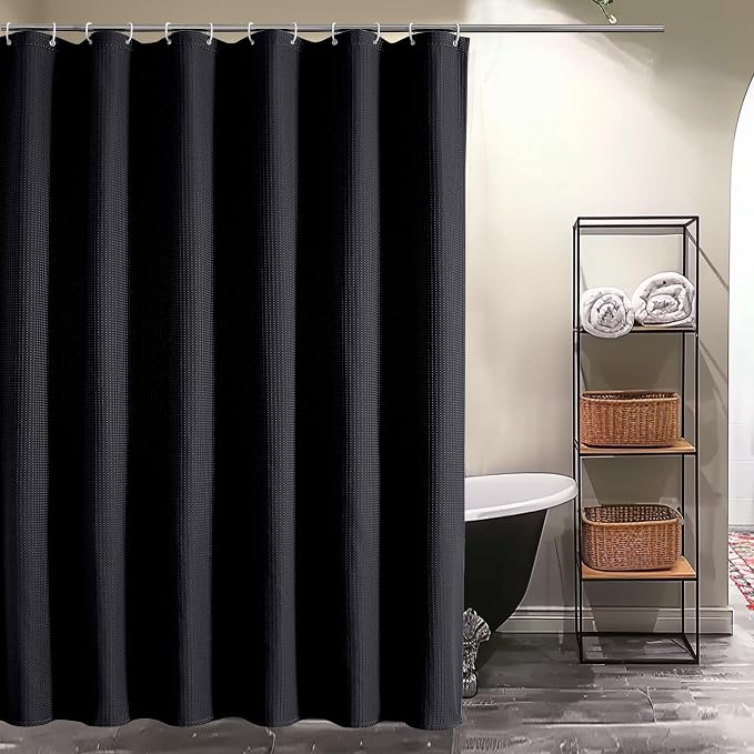 Black Shower Curtain Set, Waffle Textured Heavy Duty Fabric Shower Curtain for Bathroom, Luxury Hotel Weighted 230GSM Bath Curtain with 12 Plastic Hooks, Machine Washable, 72x72