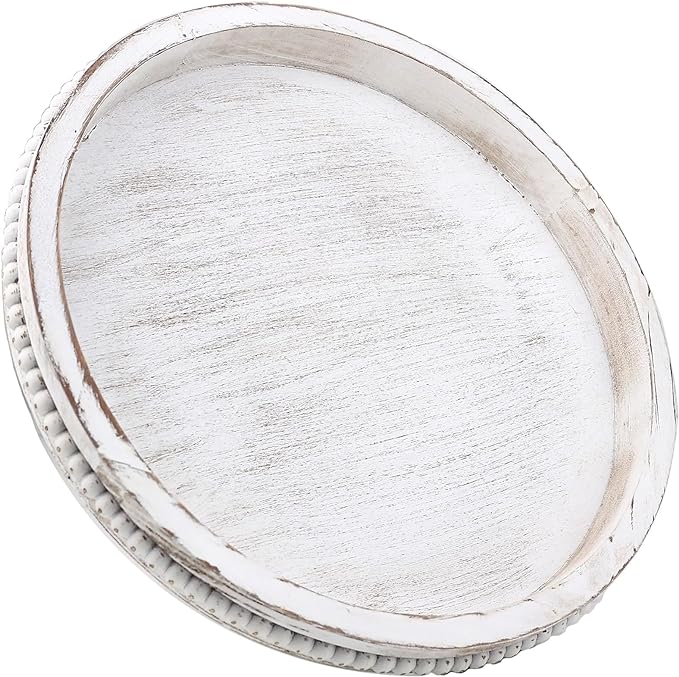 Hrastany Round Wood Serving Tray with Beaded, 13” Rustic Wooden Decorative Coffee Table Tray for Centerpiece, Ottoman, Farmhouse Circle Trays for Counter, Living Room, Home Decor (Whitewashed)