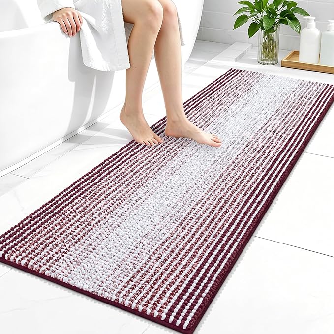 OLANLY Bathroom Runner Rugs 47x20, Chenille Striped Bath Rugs, Burgundy | Extra Soft Absorbent, Rubber Backing, Machine Wash Dry, Bath Mats for Bathroom Floor, Tub and Shower, Home Decor Accessories