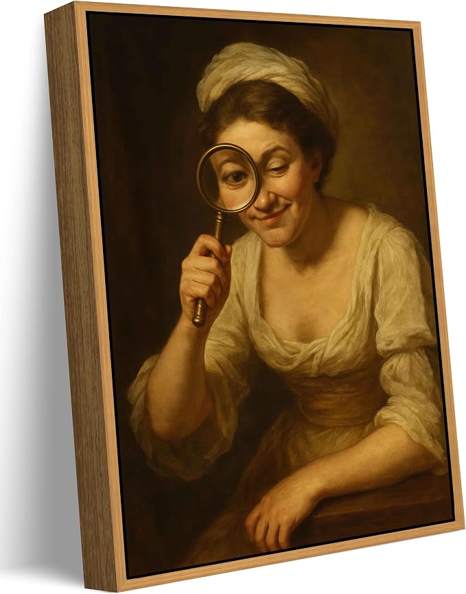 Floating Framed Funny Parody Bathroom Canvas Wall Art, Woman with Magnifier Painting Picture Wall Decor, Vintage Humor Victorian Poster Print Artwork for Toilet, Restroom, Home Decoration 8x10in