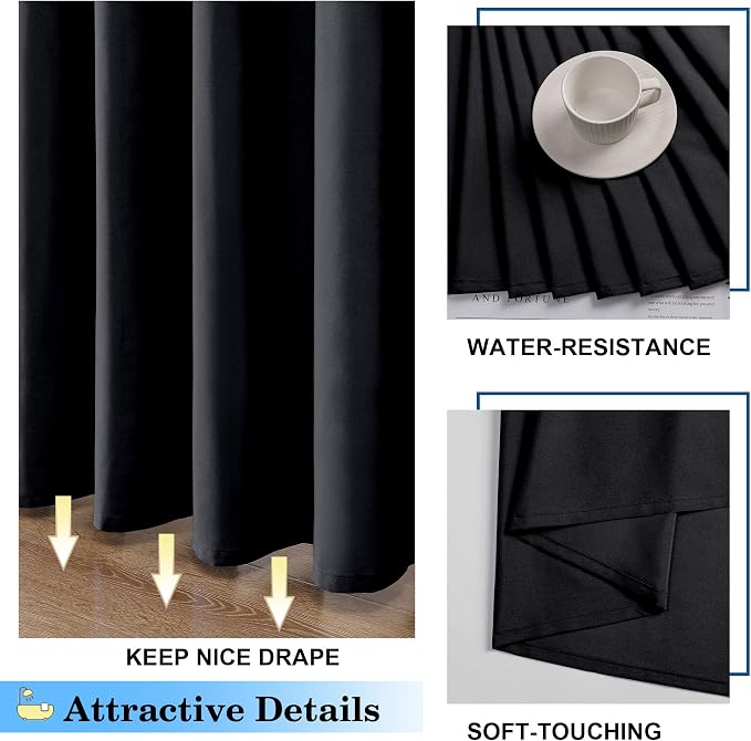 Zora Solid Black Shower Curtain for Bathroom, Fabric Shower Curtain- Soft Cloth & Hotel Spa Quality, Water Repellent, Machine Washable Shower Curtain Set with 12 Hooks, Grommets Top, 72Wx72L