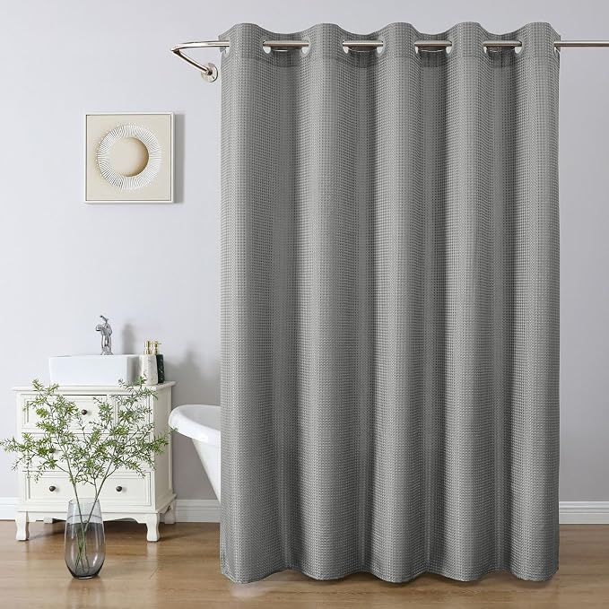 No Hook Waffle Shower Curtain, No Liner Needed Separate, 71x80 Inch, Grey | 100% waterproof TPU-laminated backing, magnetic weighted hem, machine washable, shower curtain set for bathroom or hotel use