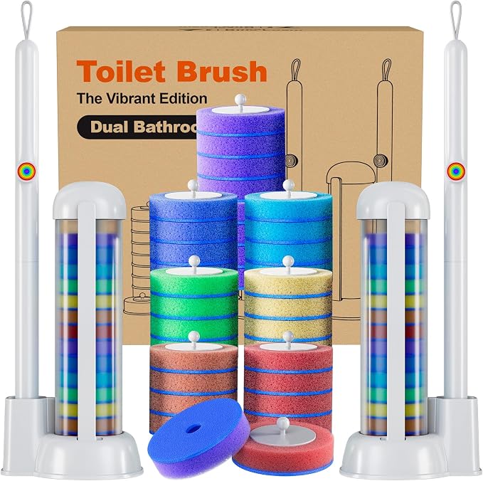 Disposable Toilet Brush Set with Caddy, 2 Handles, 28 Refills | Hands-free eject, secure-lock heads, 17 in handles, floor-standing caddy, preloaded sponge refills for toilet bowl cleaning