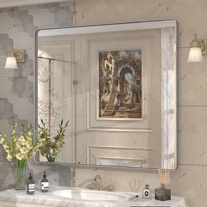 40x36 Inch Brushed Nickel Bathroom Mirror for Wall | Silver Metal Framed Bathroom Vanity Mirror, Rounded Rectangle, Anti-Rust, Shatterproof, Hangs Horizontally or Vertically