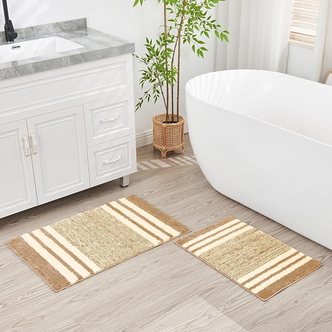 CozeCube Beige Striped 36"x24" Non Slip Washable Bath Mat | For Bathroom, Fluffy Absorbent Microfiber Bath Mats Machine Wash, Stylish Large Aesthetic Bathroom Rugs