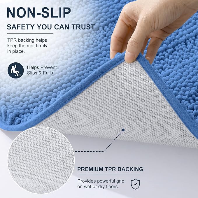 Smiry Thick Chenille Toilet Rugs U-Shaped 24x20, Bath Mat, Cornflower Blue | Soft Absorbent Striped Contour Bathroom Rugs, Machine Washable, Dry Quickly, Non‑Slip, Modern Home Decor Accessories