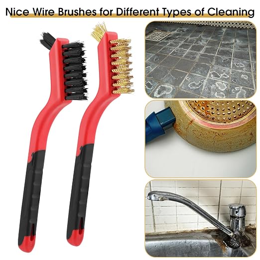 Wire Brush for Cleaning, Small Brass Steel Nylon Brush, Metal Rust Remover | 6 Pcs, Rust/Grease/Paint Removal on Metal/Wood/Grill, Curved Head for Tight Spots, with Hang Hole, Ergonomic Handle, 7 in