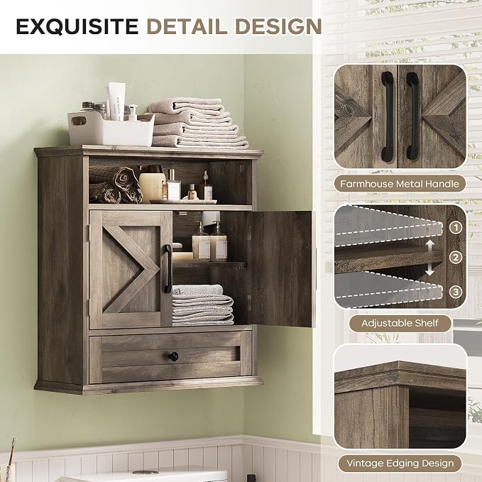 Bathroom Wall Cabinet, Wall Mounted Medicine Cabinet 24.4"H x 23.6"W x 9"D | With Drawer, Barn Doors & Adjustable Shelf, Grey Over Toilet Farmhouse Storage Cabinet for Kitchen, Laundry Room, Entryway