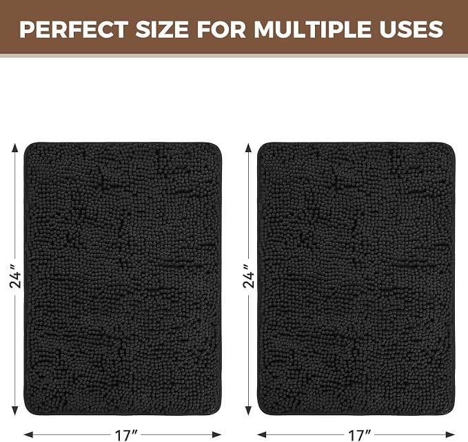 Bcoimo Bath Rug Mat Set,2 Piece Thick Absorbent Chenille Bathroom Mat Black | Non Slip with Rubber Backing 24x17 Bathroom Rug set; Machine Washable;Extra Soft Rugs;High Absorbent、Quick Dry Microfiber mat