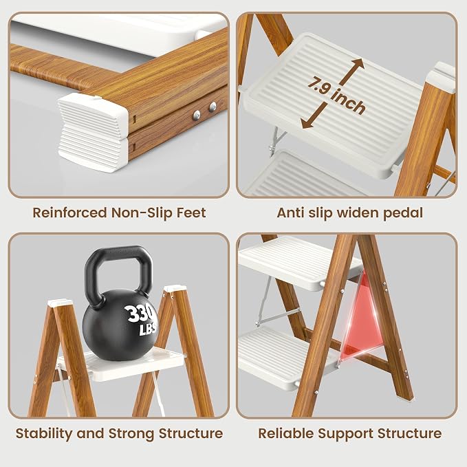 HBTower Step Ladder, Lightweight Aluminum Folding Step Stool | Anti-Slip Wide Pedal, 330lbs Capacity Step Ladder for Household Kitchen Office, WhiteWoodgrain