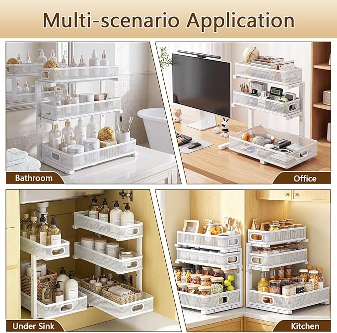 Under Sink Organizer, 2-Pack 3-tier Under Sink Storage Organizer Adjustable Height Easy Assembly Pull Out Cabinet Organizers Basket for Bathroom Kitchen Pantry Home Organization
