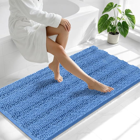 Smiry Thick Chenille Bathroom Runner Rugs 47x24, Bath Mat, Cornflower Blue | Quick‑Dry & Machine Washable, Non‑Slip Bath Carpet, Soft Striped Bath Rugs for Tub & Shower, Modern Home Decor Accessories