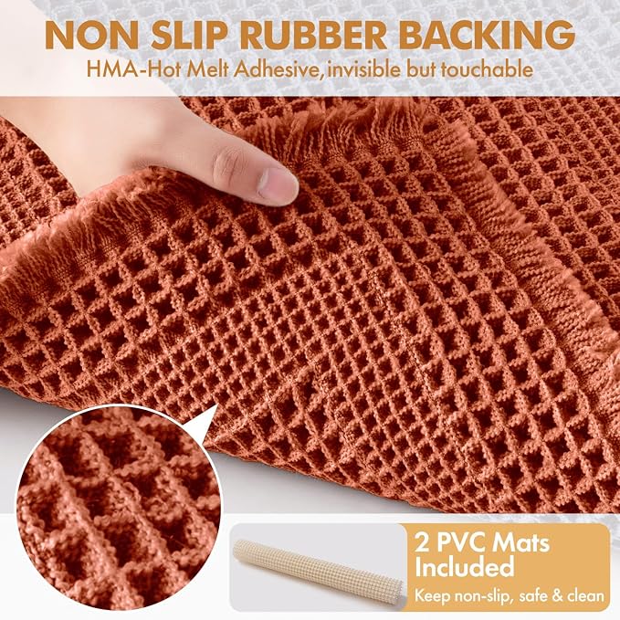 MIULEE Fall Orange Set of 2 Waffle Bathroom Rugs Boho Bath Mat 17x24+18x30 | Looped Design, Super Absorbent, Non Slip, Washable, Ultra Soft, Rubber Backed, Bathroom Mats for Floor Tub Shower, Fall decor
