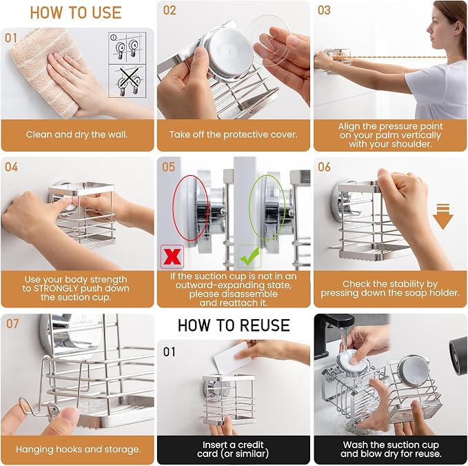 Powerful Suction Cup Stainless Steel Toothbrush Holders, Silver | Removable Shower Tooth brush and Toothpaste Holder, Strong Suction Up to 11lbs, Anti-Puddling ,No Drill Bathroom Organizer