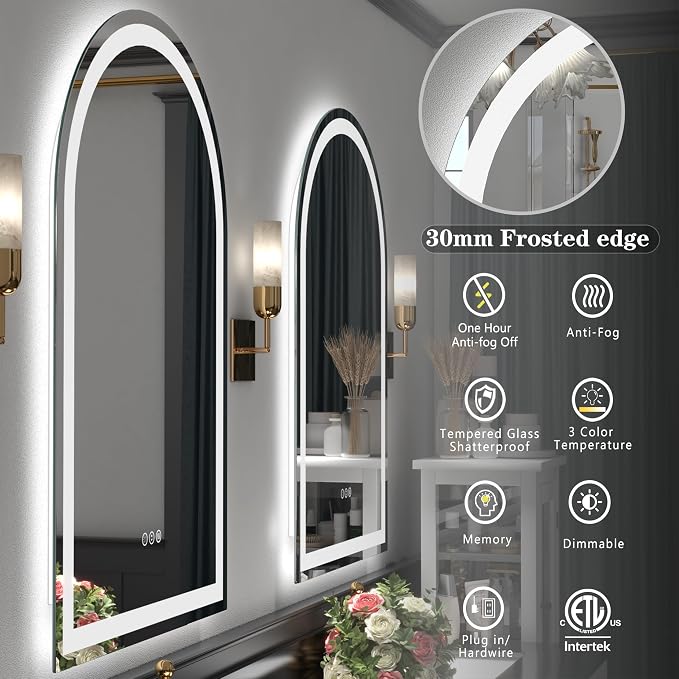 32x42 Inch Arched LED Bathroom Mirror | Dimmable LED Lighted Bathroom Vanity Mirror, Backlit and Frontlit, Anti-Fog, 3 Colors, Memory, Shatter-Proof, ETL Listed
