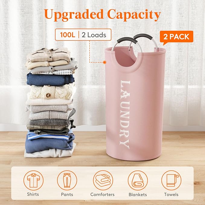 Lifewit 2 Pack 100L Laundry Basket with Aluminum Handles, Pink | Collapsible Large Laundry Hamper, Waterproof Fabric, Freestanding Dirty Clothes Hampers for Dorm, RV, Bedroom, Laundry Room