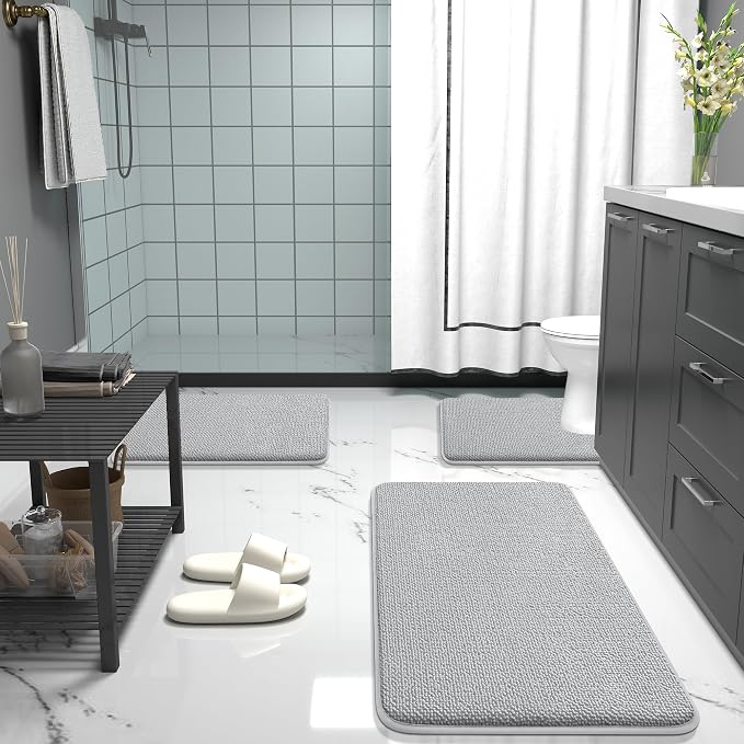 OLANLY Thick Memory Foam Bathroom Rug 36x24, Absorbent Bath Mat, Light Grey | Soft Quick Dry Bath Rugs, Non-Slip, Machine Washable Carpet for Bathroom Floor, Tub and Shower, Home Decor Accessories