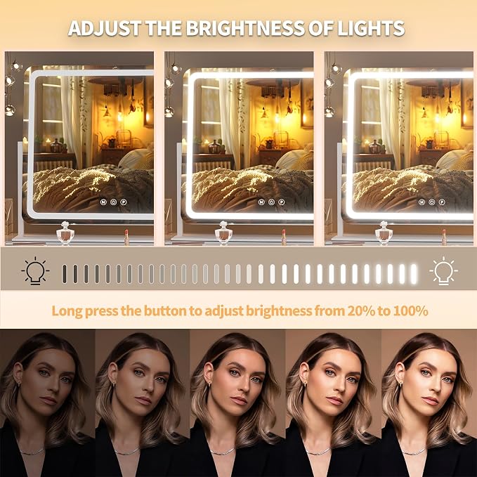 Hasipu 25" x21” LED Vanity Mirror with Lights - Makeup Mirrors with 10X Magnification, USB Charging, 3 Color Dimmable, 360° Rotation (White)