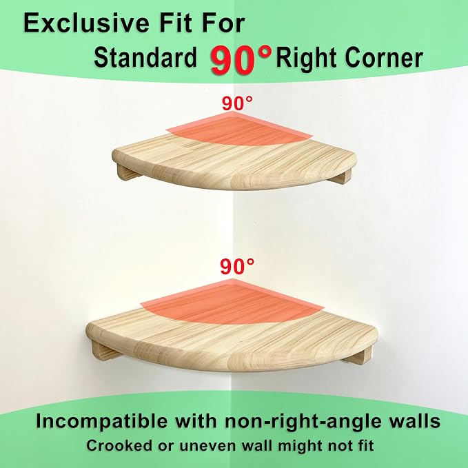 Floating Corner Shelves, 2 Pack Solid Wood Round End Wall Mount | 8.7"& 7.1" sizes with cable hole, holds small decor, plants & speakers; ideal for bedroom, kitchen, living room, bathroom