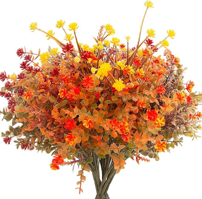 Hananona 12 Pcs Artificial Fall Flowers Outdoor, Faux Artificial Plants UV Resistant Plastic Autumn Flower for Hanging Planter Front Door Porch Window Home Decor (12, Orange)