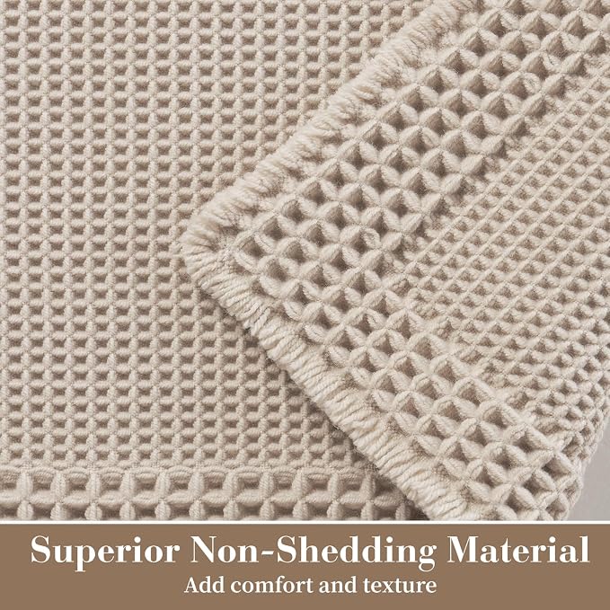 RESARE Waffle Bathroom Runner Rugs, Non Slip Boho Bath Mat 24x72 Pale Beige | Long Absorbent Bathroom Floor Mats Machine Washable Quick Dry, Soft Solid 2'x6' Bath Rugs with Tassels, Ideal Farmhouse Decor