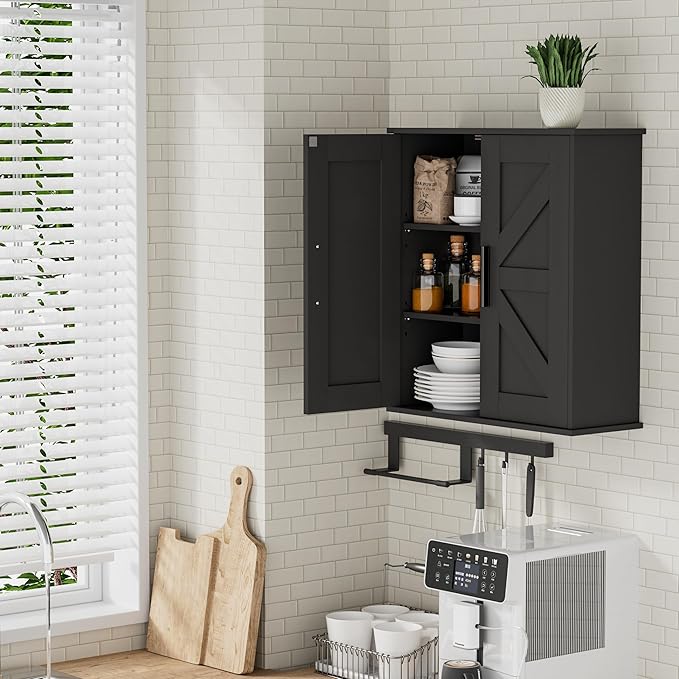 Homleke Bathroom Wall Cabinet, Medicine Cabinet with Adjustable Shelves | 3-Tier Wall Mounted Over Toilet Storage with Barn Doors, for Bathroom, Kitchen, Entryway, Laundry Room, Black, (7.9" D)