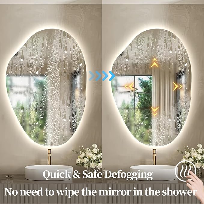Irregular LED Bathroom Mirror 32 x 22 inch, Frameless Backlit Mirror with Lights Vanity Mirrors for Wall, Asymmetrical Anit-Fog, 3 Color Dimmable, Memory, Horizontal/Vertical
