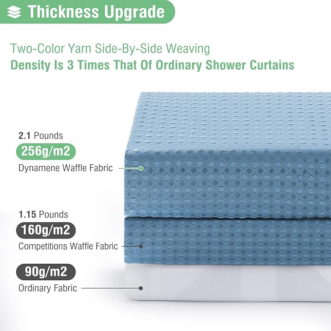 Stall Waffle Shower Curtain 256 GSM Heavy 60"x84" Moonlight Blue | 60 x 84 Inch Long, Thick Polyester Cloth, Weighted Hem, Water Repellent, Washable, Hotel Bathroom Shower Curtain Set 10 Hook