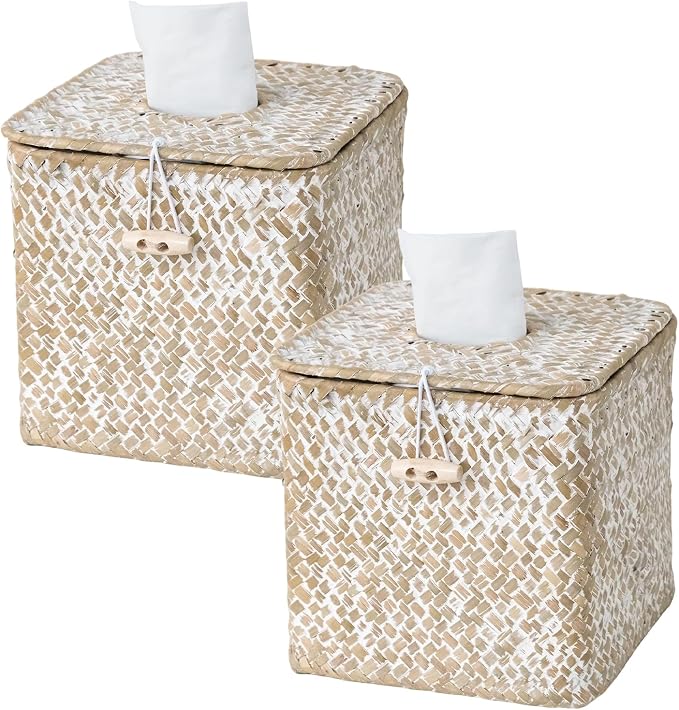Seagrass Tissue Box Cover Square, Woven Wicker Tissue Box Holder, Whitewash | 2 Pack, With Lid, Natural Seagrass, Handwoven, Boho Decor, Decorative Facial Cube Tissue Cover Holder for Bathroom Office