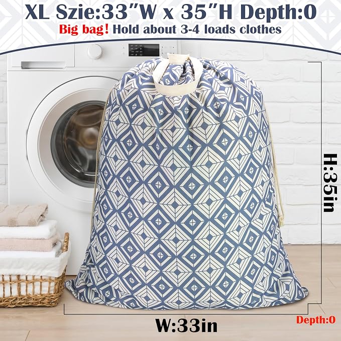 Canvas Laundry Bag with Handles & Drawstring, XL 33"Wx 35"H,Geometry Blue | Extra Large Heavy Duty Washable Basket Liner Hamper Liner Replacement, Thick Canvas Storage Sack, 1Pack