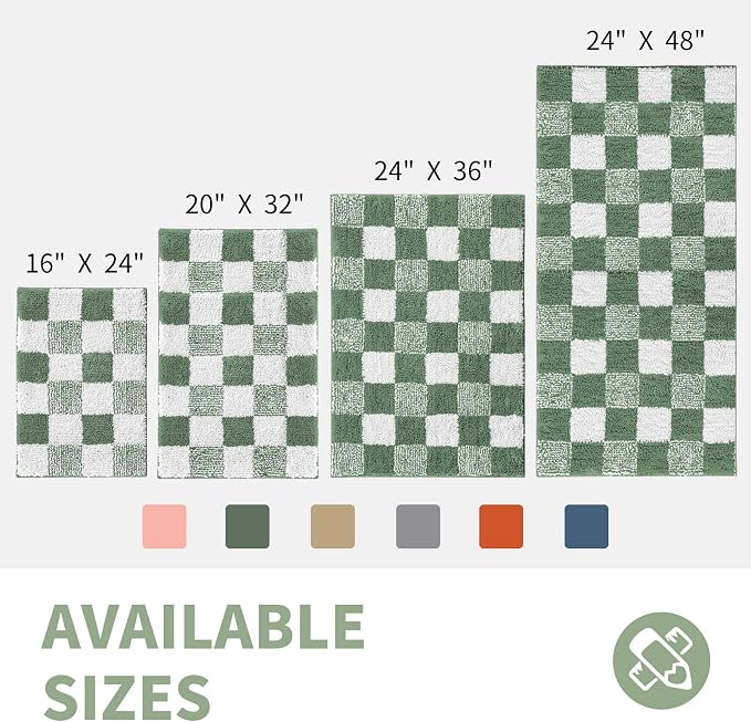 CozeCube Checkered Bath mats for Bathroom Non Slip, Plush Shaggy Bath Rugs for Bathroom Washable, Buffalo Plaid Bath mat, Sage Green, 47" x 24"