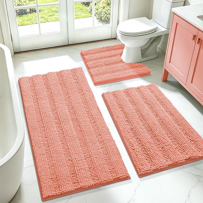 Striped Coral Bathroom Rug Set 3 Pieces Ultra Soft, Non Slip Chenille Toilet Mat, Absorbent Plush Shaggy Bath Mats for Bathroom, Bedroom, Kitchen