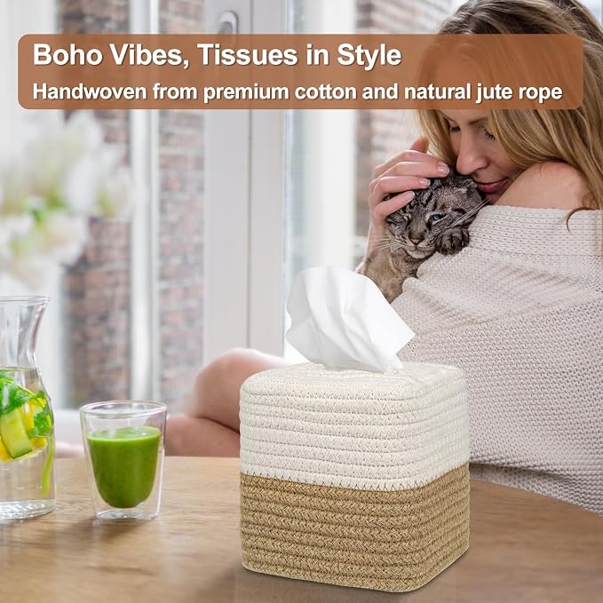 Boho Tissue Box Cover: Natural Handwoven Square Cover for Bathroom | Open-Bottom Design with Tassel, For Kitchen, Tabletops, Home & Office, Farmhouse Decor