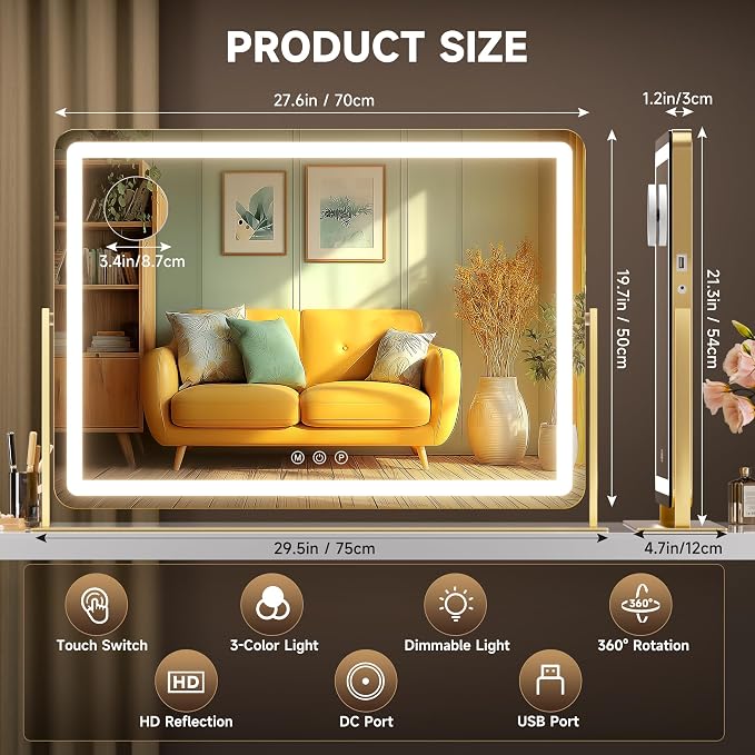 Hasipu Large LED Vanity Mirror 30"x21" - Makeup Mirror with 5X Magnification, Phone Holder, USB Charging, Smart Touch 3-Color Lighting & 360° Rotation (Gold)