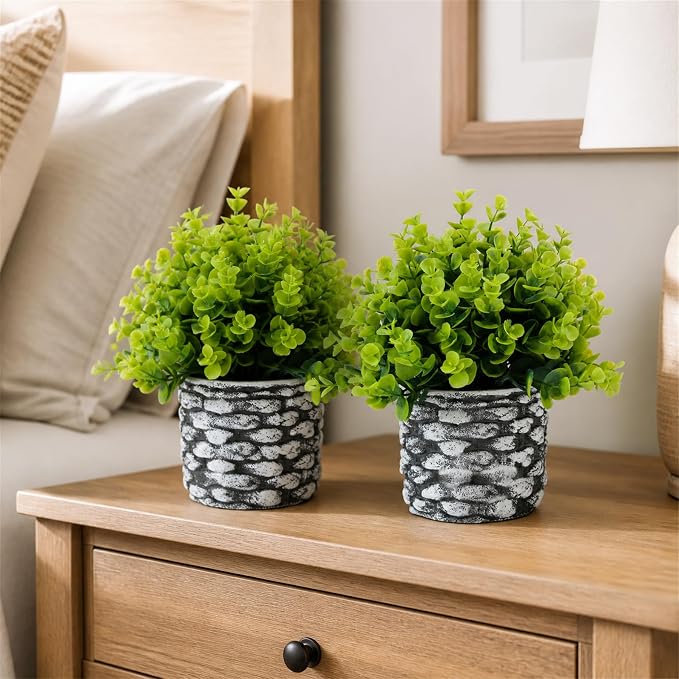 ALAGIRLS 2 Pack 10.38" Fake Plants Artificial Indoor Decor | Eucalyptus Fake Plants, for Desk Farmhouse Bathroom Office Kitchen Coffee Table Decor Indoor