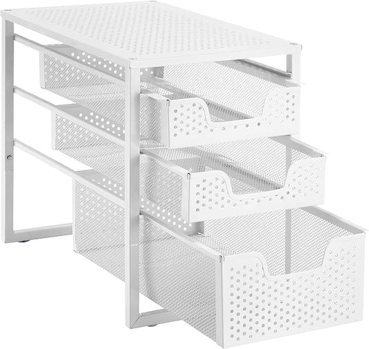 Simple Trending Under Sink Organizer 3-Tier with Sliding Storage Drawer | Multi-Purpose Desktop Organizer, Metal Cabinet Organizer for Kitchen Bathroom Office, Stackbale, Space Saving, White