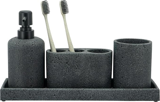 Black Bathroom Accessories Set 4 Pcs - Toothbrush Holder, Soap Dispenser, Vanity Tray, Bathroom Tumbler - Countertop Vanity Organizer - Bathroom Accessory Set- Toothbrush Holder Set, Stone Sets