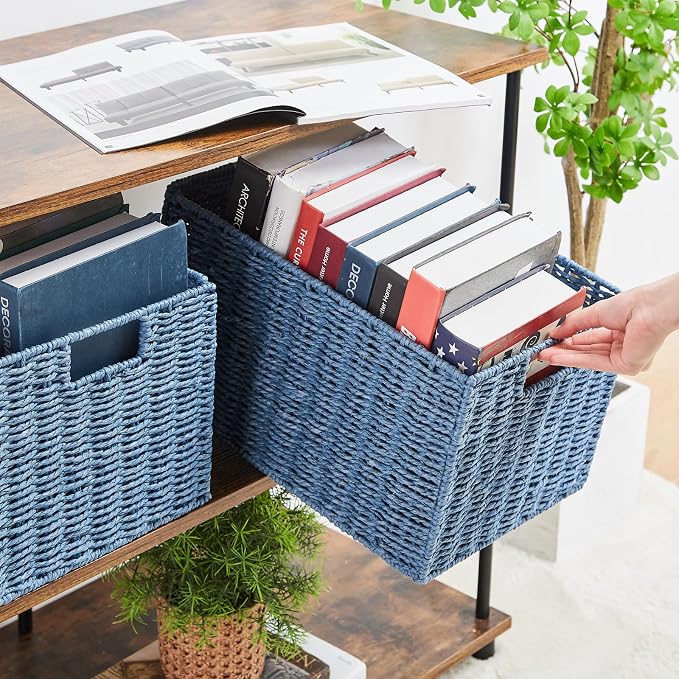 Wicker Storage Basket, Set of 2 Hand-Woven Paper Rope Wicker Basket, Large Storage Baskets for Organizing Toilet Paper, Foldable Cube Storage Organizer Bins for Shelves (Blue)