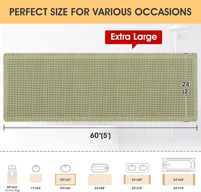 Waffle Runner Rug Green 5'x2', Boho Woven Modern Bath Mat Rugs, Absorbent Non Slip Bathroom Rugs, Soft Washable Bath Rugs with Tassels for Bathroom, Bedroom, Kitchen, Shower, Tub