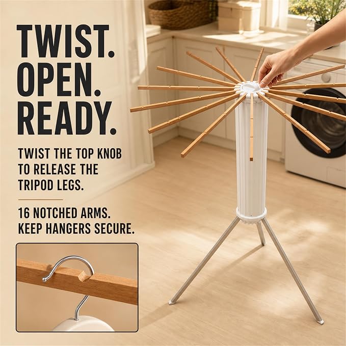 Clothes Drying Rack Foldable, Portable Laundry Drying Rack for Clothes with 16 Wooden Rods & 48 Windproof Slots, Collapsible Tripod Dry Rack for Apartment, RV, Balcony