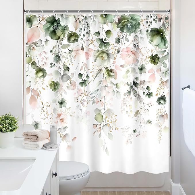 Green Pink Floral Spring Summer Rustic Bathroom Shower Curtain Set | 72"W x 72"L Flower Eucalyptus look, waterproof HD printed shower curtain, quick-dry fabric and free hooks.