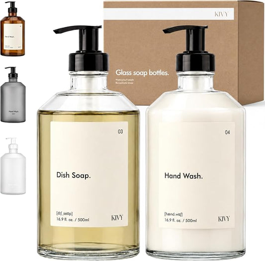 KIVY Glass Soap Dispenser Set [INCL. Waterproof Labels] - Glass Soap Dispenser with Pump - Hand Soap and Dish Soap Set - for Kitchen, Shower & Bathroom - Refillable (2X 16oz)