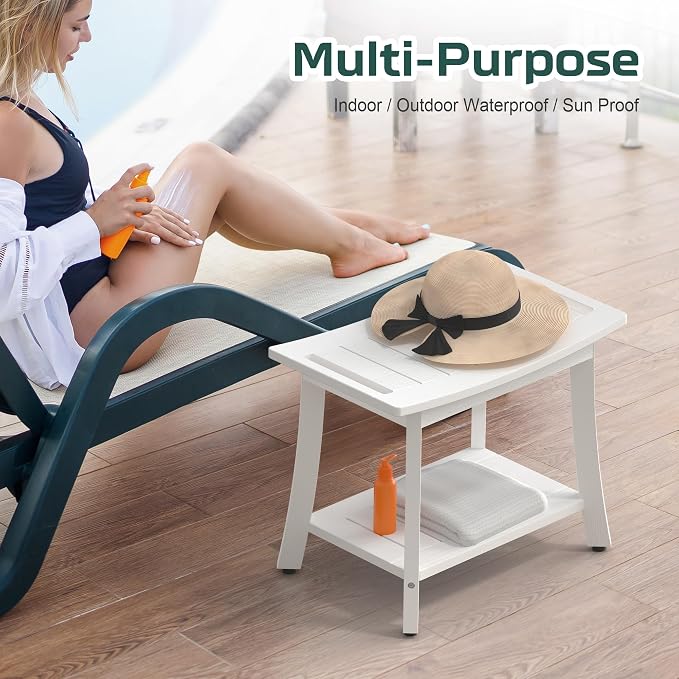 Waterproof HIPS Shower Bench for Inside Shower, Shower Stool, White | Ergonomic design, For seating and leg shaving, Wood-Look texture, Easy care, Storage shelf, Non-Slip leveling feet, 400 lb