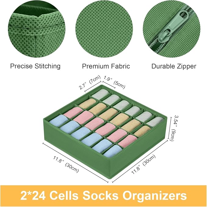 joyoldelf Sock Drawer Organizer Divider 4 Packs Underwear Organizer, 24 Cell Closet Organizers and Storage Organizer Sock Holders Organizers for Storing Socks, Handkerchiefs, Ties, Belts (Green)