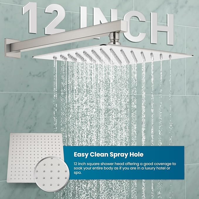 gotonovo Shower Faucet Set with Handheld Spray Brushed Nickel,12'' Head | SUS304 Rainfall Shower Head and Handle Set System Fixture,Pressure Balance Valve Trim Kit,Single Handle,Wall Mount,All Metal