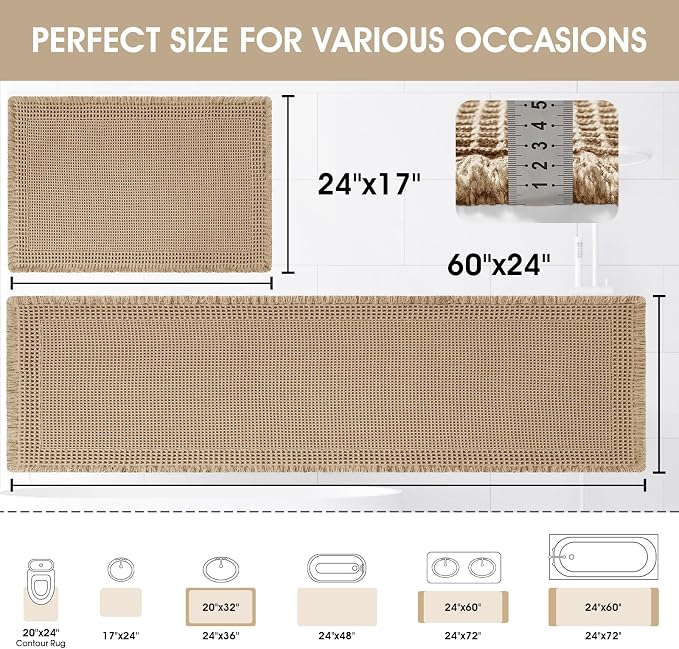Upgraded Waffle Bath Mat Set 2 Piece Beige-Bordered, Super Absorbent Non-Slip Quick Dry Bathroom Rugs with Tassels, Machine Washable Ultra Soft Boho Bath Rugs for Floor, Bath Mats Boho Farmhouse Decor