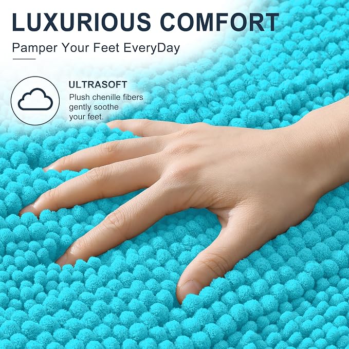 Smiry Thick Small Chenille Bathroom Rugs 24x16, Soft Bath Mat, Aqua Sky | Quick‑Dry & Machine Washable, Non‑Slip Bath Carpet, Striped Bath Rugs for Tub & Shower, Modern Home Decor Accessories